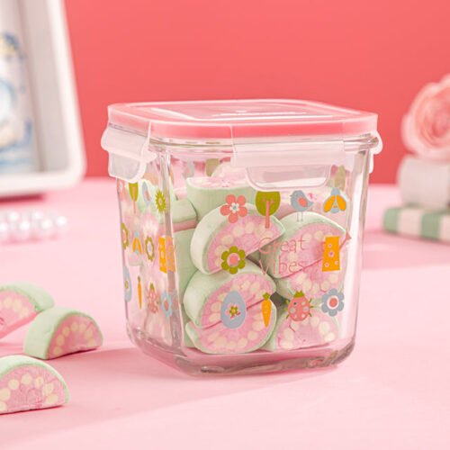 Limon Printed Square Glass Container with 4-Lock Lid 860-Ml