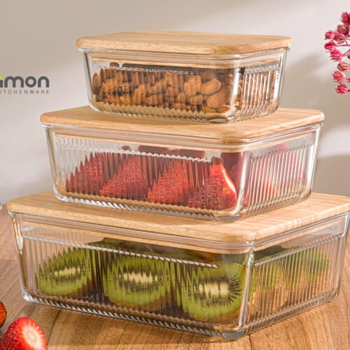 Limon Rectangular Glass Container with Wooden Lid