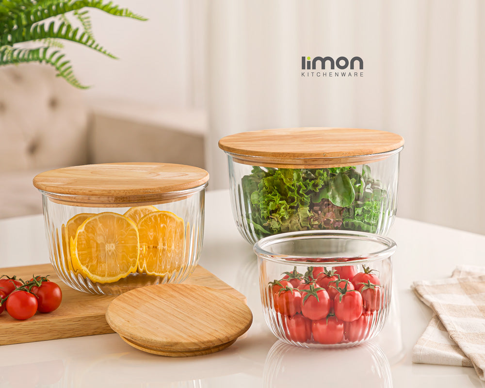 Limon Glass Bowl 3 Pc's Set with Wooden Lid - Image 2