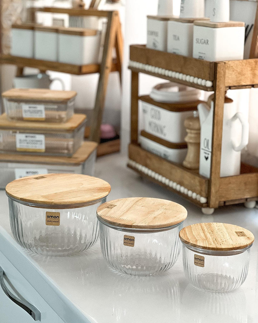 Limon Glass Bowl 3 Pc's Set with Wooden Lid - Image 4