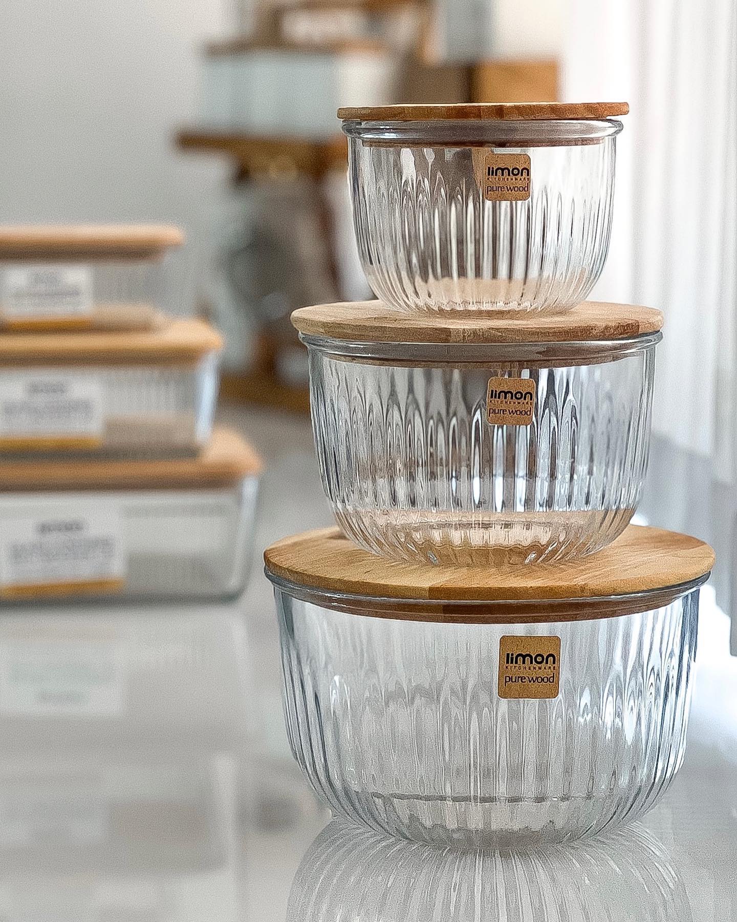 Limon Glass Bowl 3 Pc's Set with Wooden Lid - Image 3