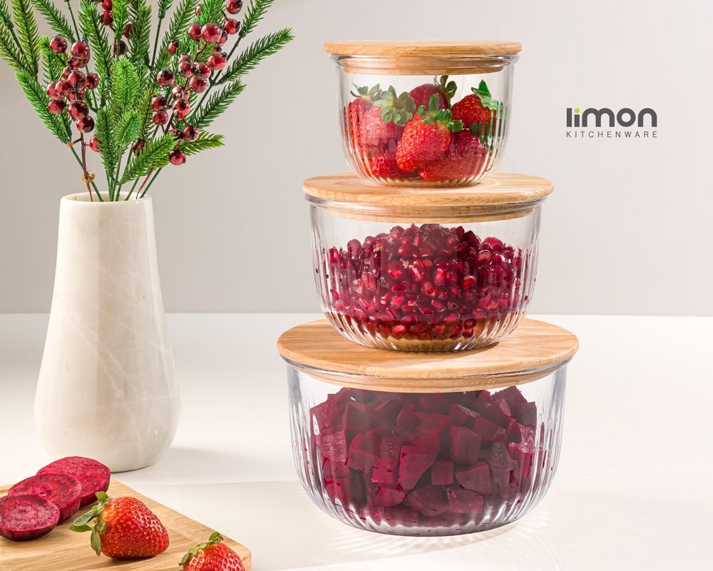 Limon Glass Bowl 3 Pc's Set with Wooden Lid