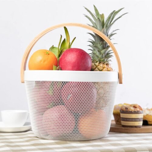 metal food storage basket with wooden handle