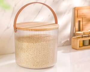 ribbed storage bucket with wooden lid & handle by limon