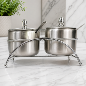 stainless steel sugar bowl set with lid & spoon
