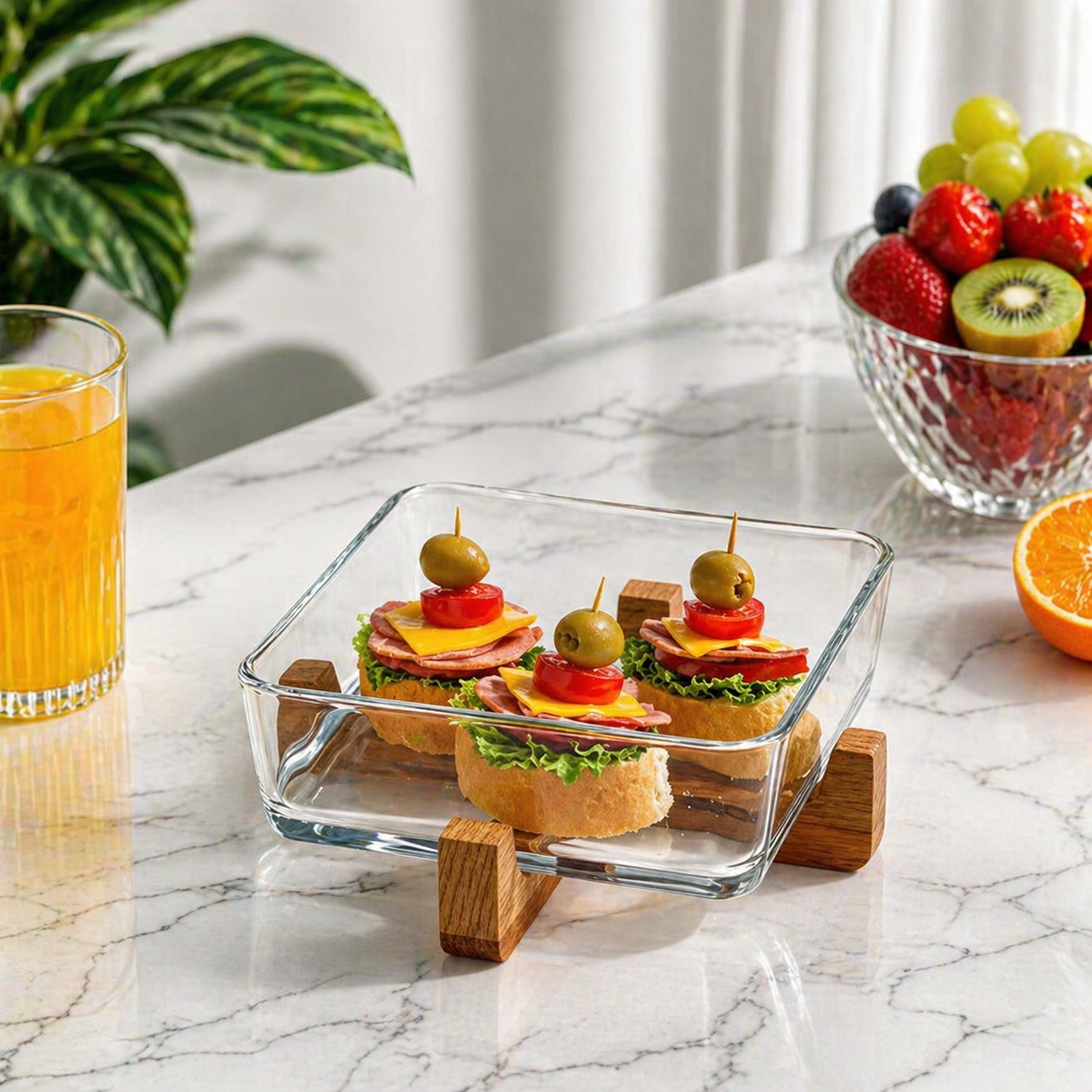 snackease wooden x base server with glass dish by limon