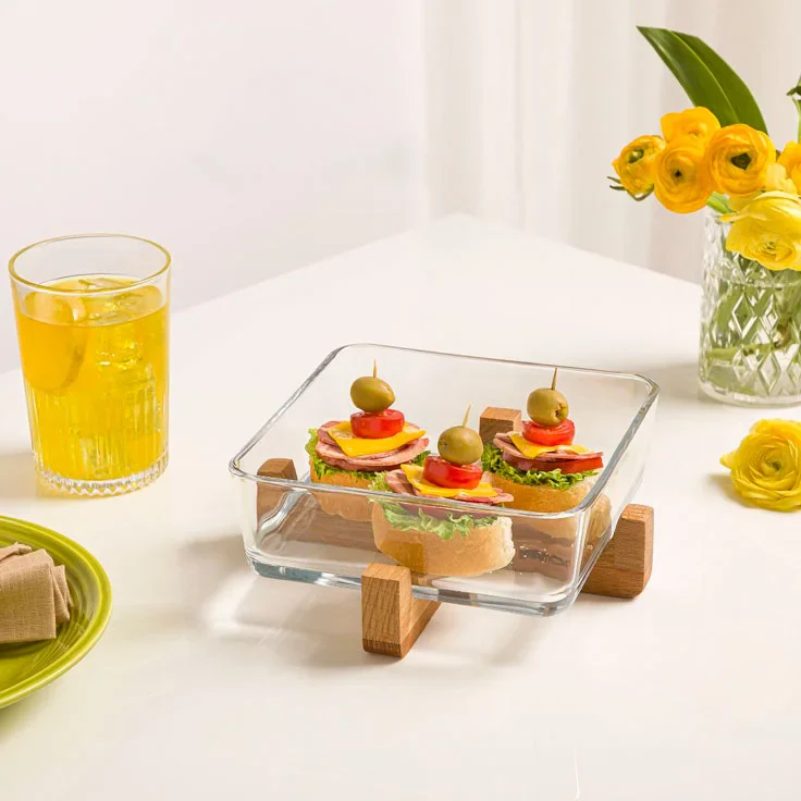 snackease wooden x base server with glass dish by limon
