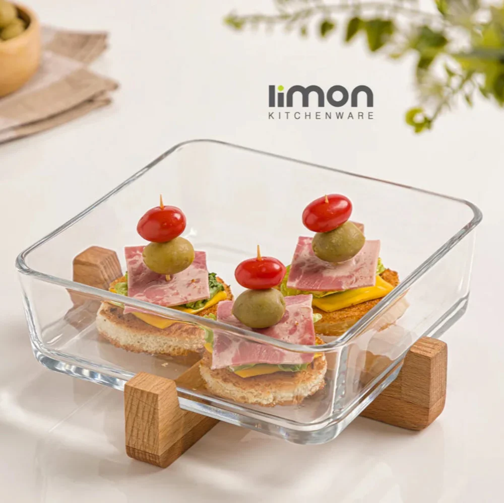 snackease wooden x base server with glass dish by limon