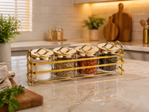 violet spice jar set with golden & silver stand