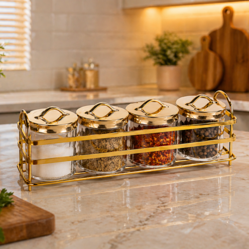 violet spice jar set with golden & silver stand