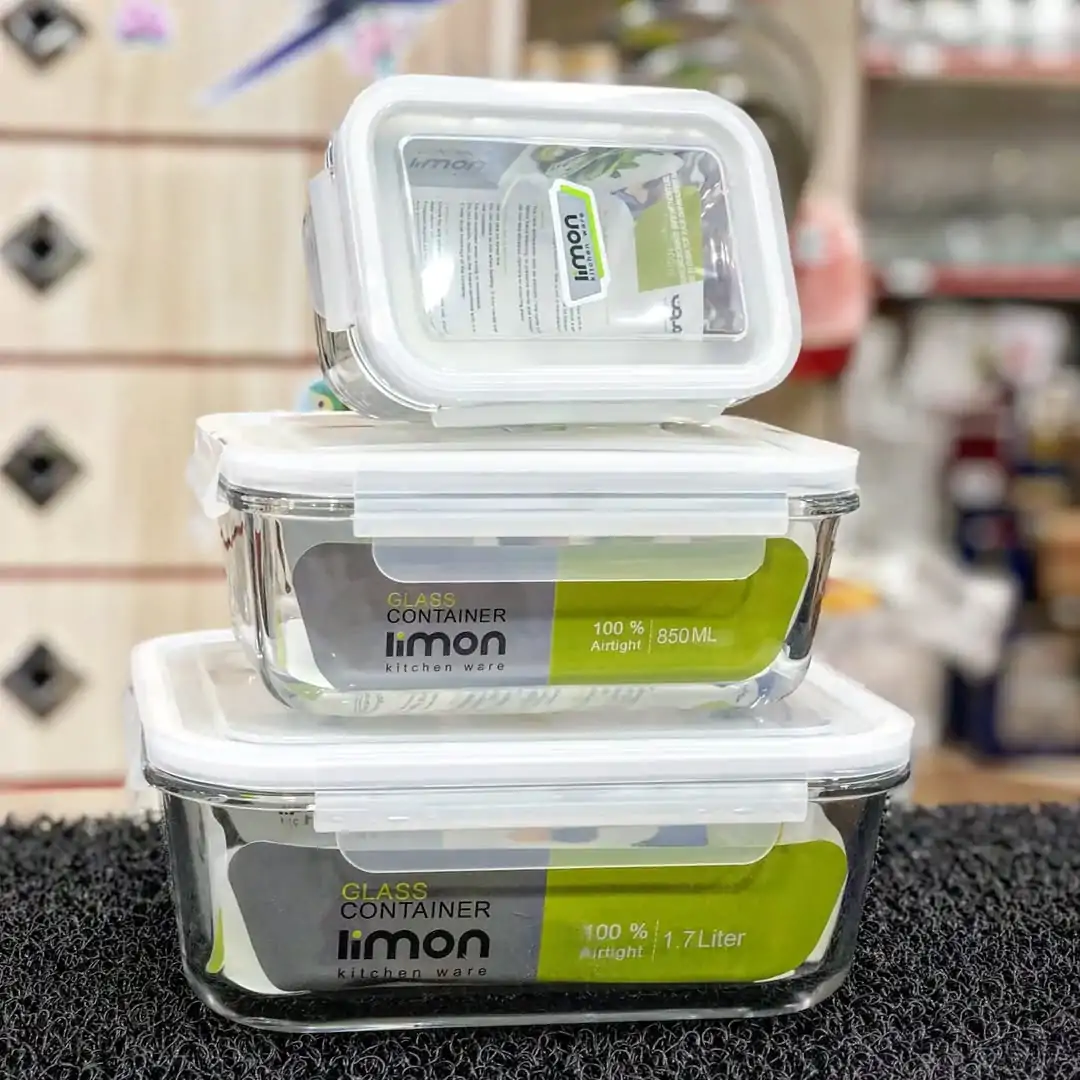Limon Glass Container 3-Pcs Set with 4-Lock Lid (Rectangle)