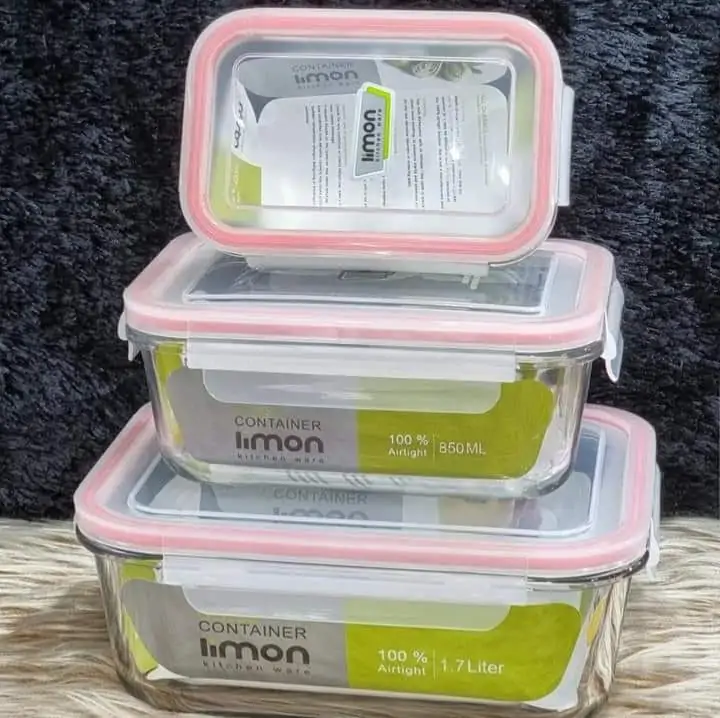Limon Glass Container 3-Pcs Set with 4-Lock Lid (Rectangle) - Image 3