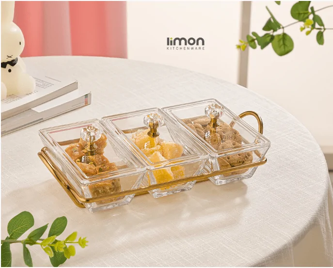Limon Glass Snack Serving Tray 3-Sections (Rectangular)