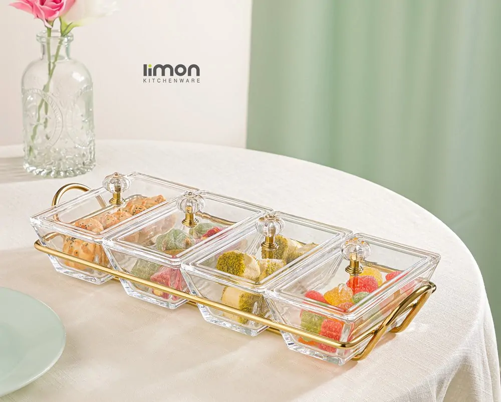 Limon Glass Snack Serving Tray 4-Sections (Rectangular)