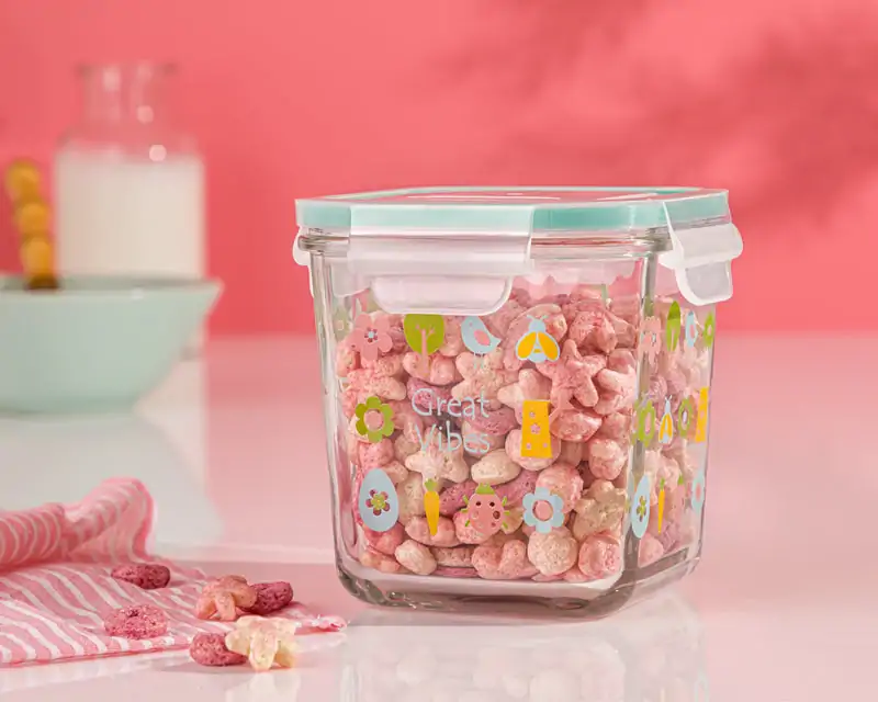 Limon Printed Square Glass Container with 4-Lock Lid 860-Ml - Image 2